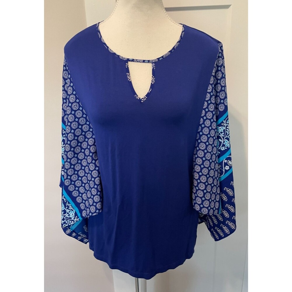 Chicos Womens TOP 3/4 Wide Sleeve BLUE White Floral Keyhole Neck Size 2 (L)